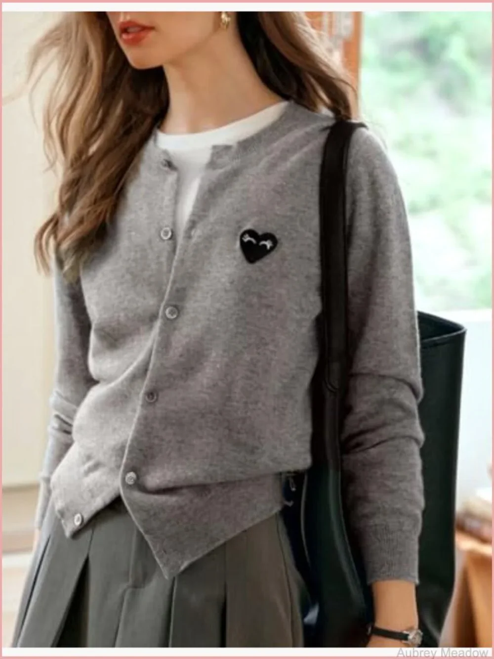 Crew Neck Button Up Cropped Cardigan with Heart Patch